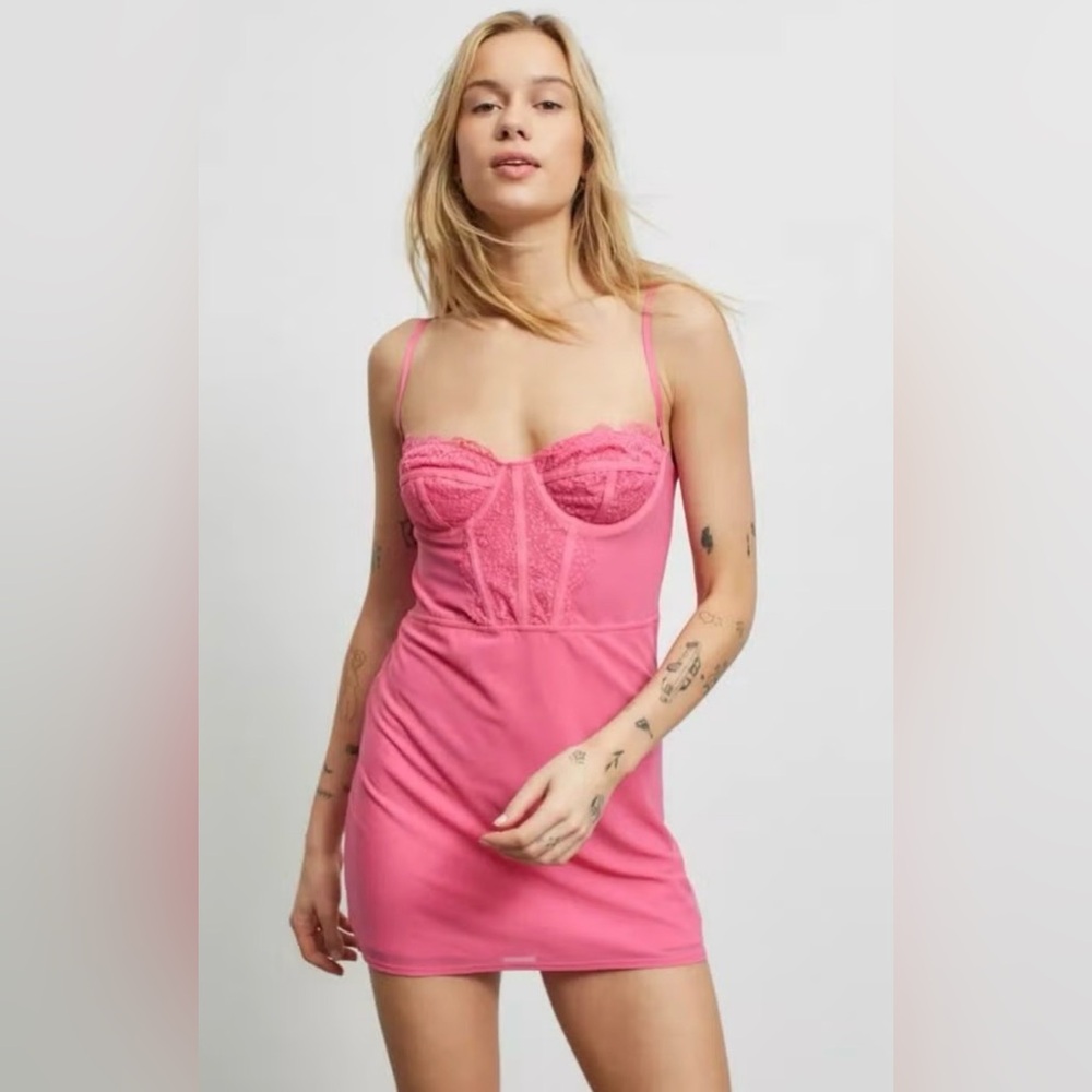 UO Coquette Whimsy Fairy Pink Lace Corset Mini Dress  Size Large